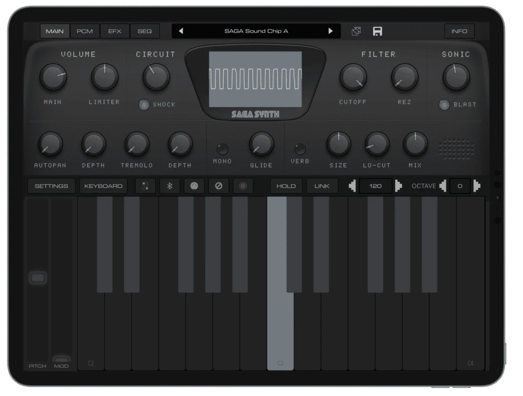 SAGA Synth sound controls and keyboard on iPad