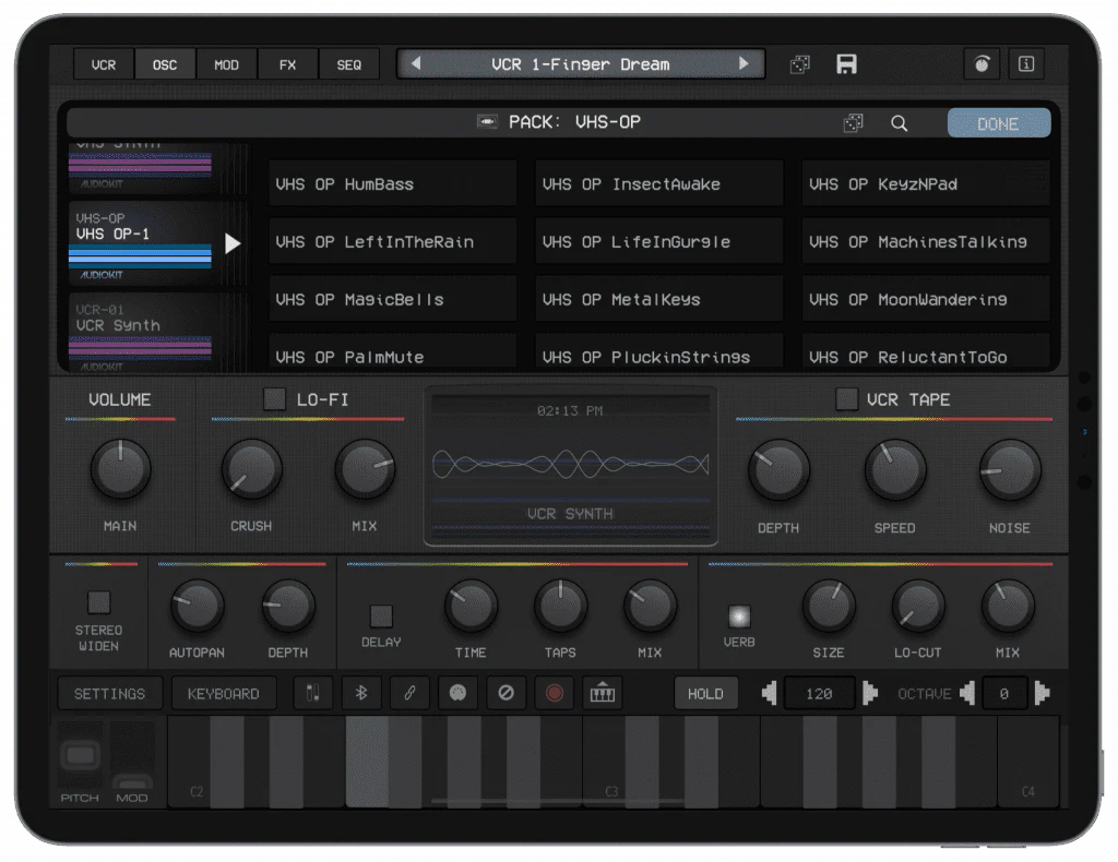 King of VHS preset browser, tape-inspired sound controls and keyboard