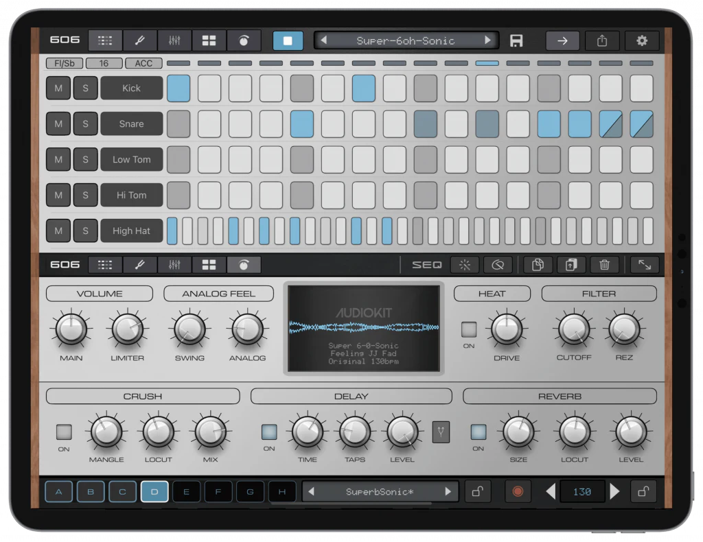 SUPER 606 brings synthesized analog-style drums, hands-on sequencing, AUv3 multi-outputs, and free open source drum DSP...