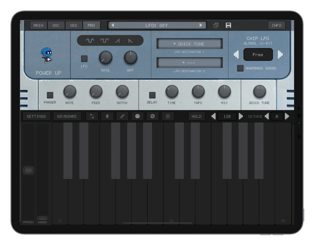SNESynth chiptune sound controls and keyboard on iPad